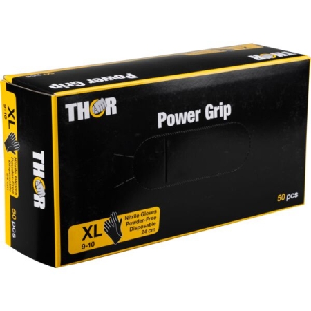 Γάντια νιτριλίου THOR Power Grip, μιας χρήσης, μαύρα, χωρίς πούδρα, XLarge 50τεμ.